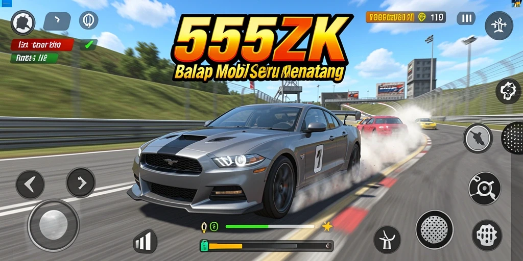 Screenshot gameplay 555ZK menampilkan balapan seru dengan mobil yang melaju kencang.