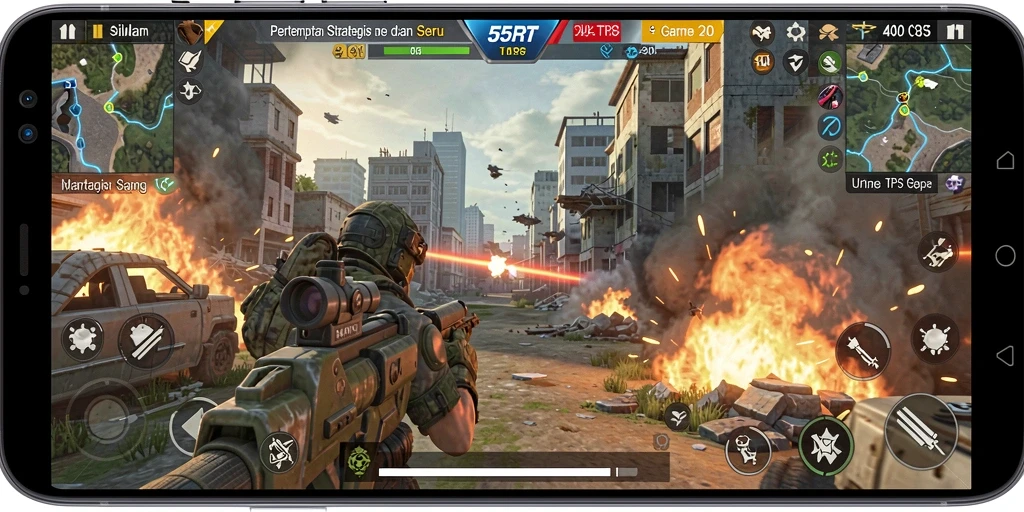 Tampilan gameplay seru dalam 55RT menunjukkan aksi pertempuran yang intens.
