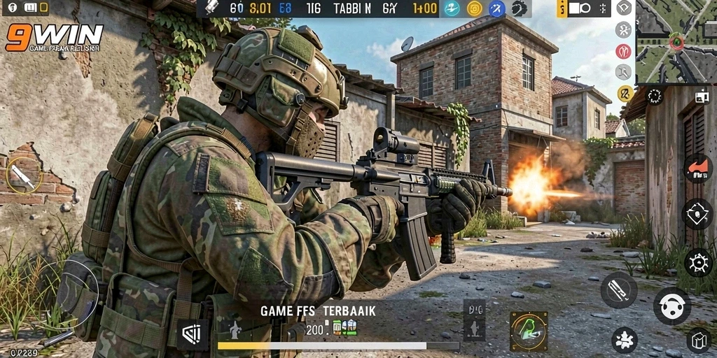 Screenshot gameplay 9WIN menunjukkan aksi tembak-menembak yang intens.