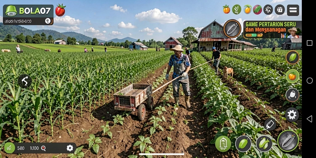 Screenshot gameplay BOLA07 menampilkan suasana pertanian yang indah.