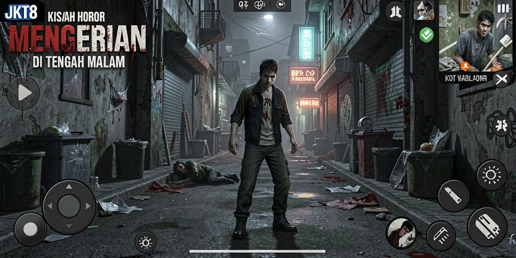 Screenshot gameplay JKT8 dengan suasana yang mencekam.
