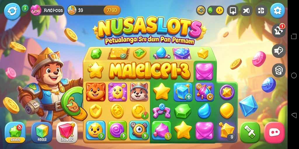 Tangkapan layar NUSASLOTS memperlihatkan gameplay Match-3 yang seru dan penuh warna.