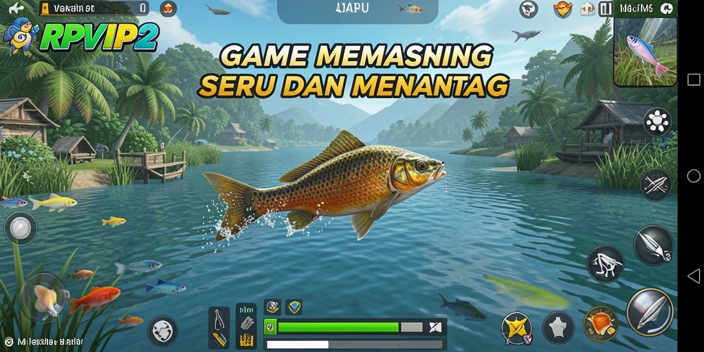 Screenshot gameplay RPVIP2 menunjukkan pemandangan pemandangan laut yang indah dan momen menangkap ikan.