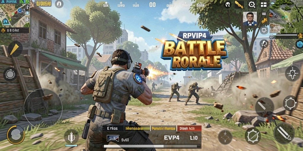 Screenshot utama RPVIP4 menampilkan aksi pertempuran Battle Royale yang mendebarkan.