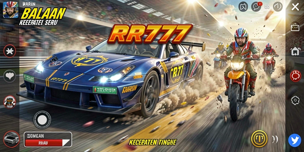 Screenshot utama RR777 menunjukkan aksi balap yang mendebarkan.