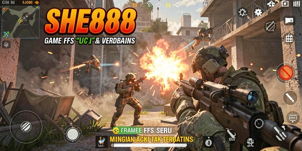 Screenshot permainan SHE888 yang menampilkan aksi mendebarkan dalam pertempuran FPS.
