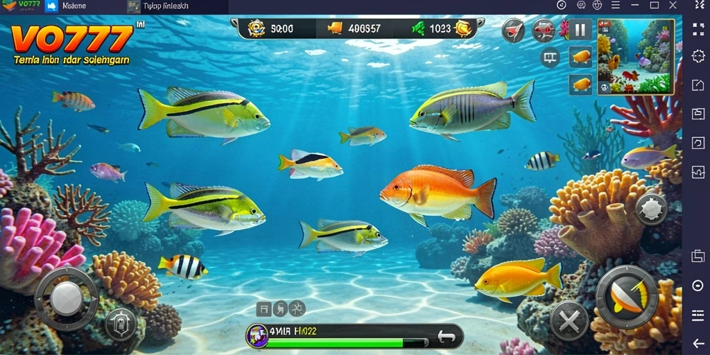Screenshot gameplay VO777 dengan berbagai ikan berwarna-warni.